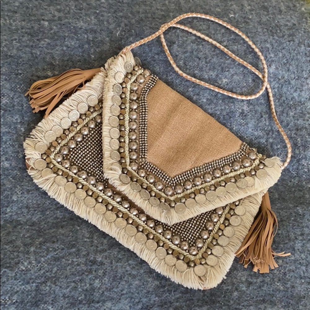 SHASHI Tan & Cream Beaded Fringe Crossbody Bag